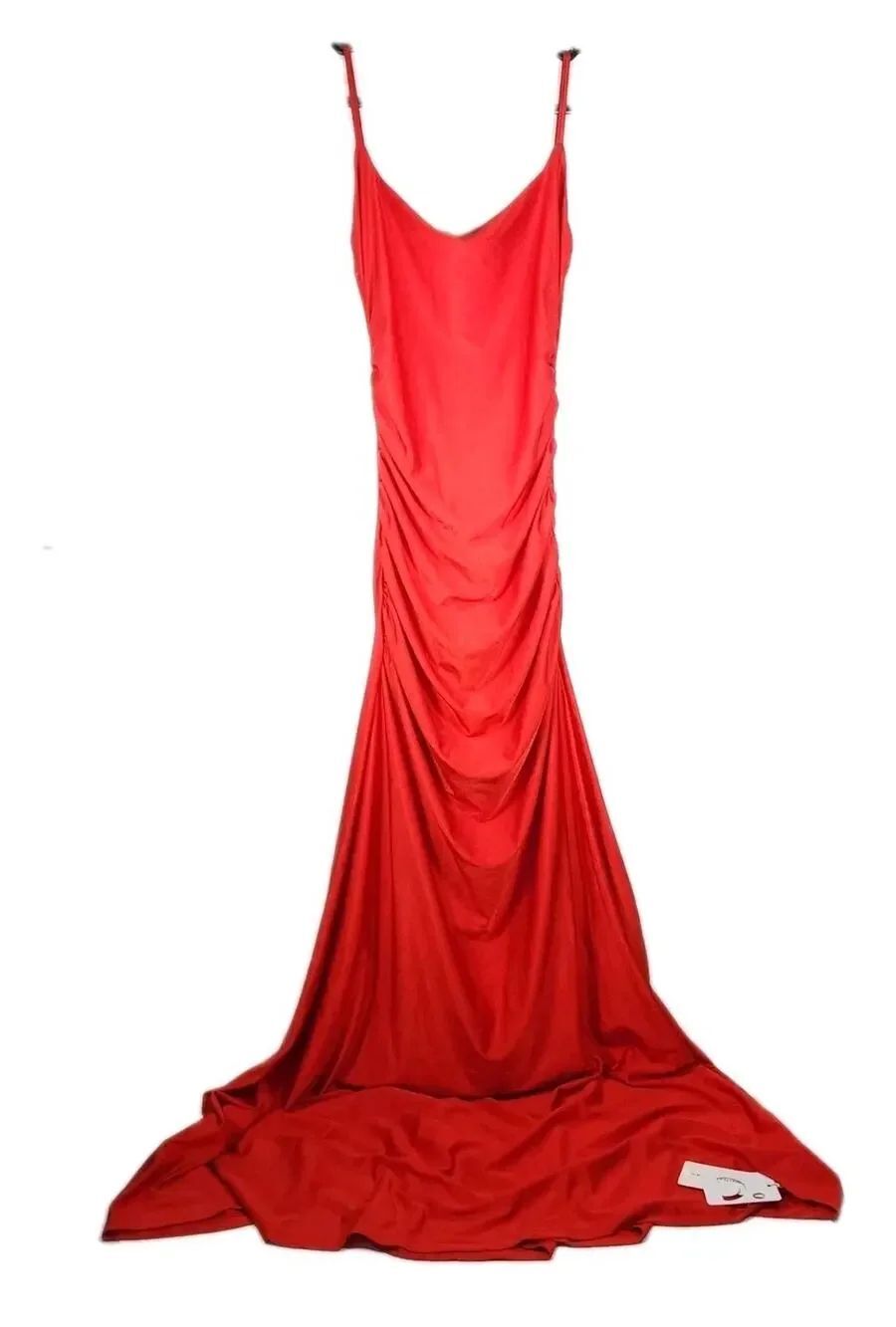 NWT Commense Sz S Vibrant Red Satin Ruched Open Back Evening Wedding Maxi Dress